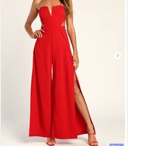 Lulu's Make Your Statement Red Strapless Cutout Wide-Leg Jumpsuit